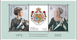 Почтовые марки и памятные монеты к Юбилею Королевы Дании